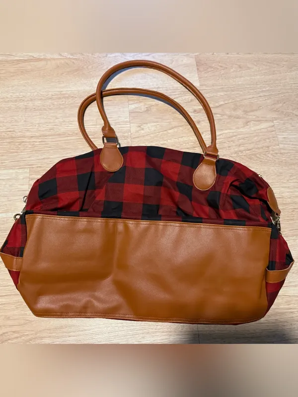 Monogrammed S Red & Black Buffalo Plaid Tote with Tan Handles - Image 2