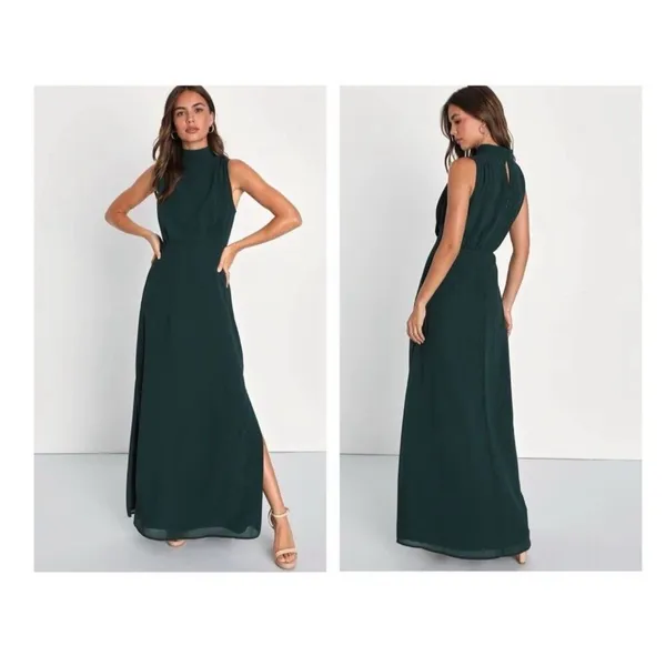 Lulus Classic Elegance Emerald Chiffon Sleeveless Mock Neck Maxi Dress Small - Image 2