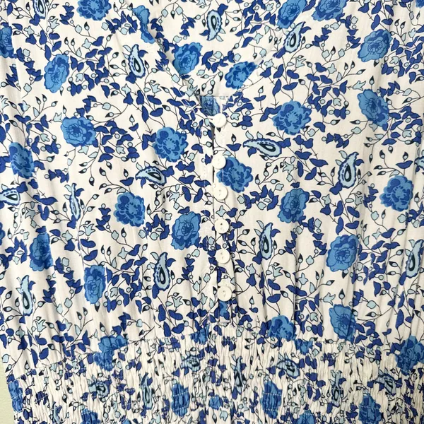 Abel The Label Hi-Lo Ruffle Hem Short Sleeve Floral Maxi Dress Blue White Medium - Image 8