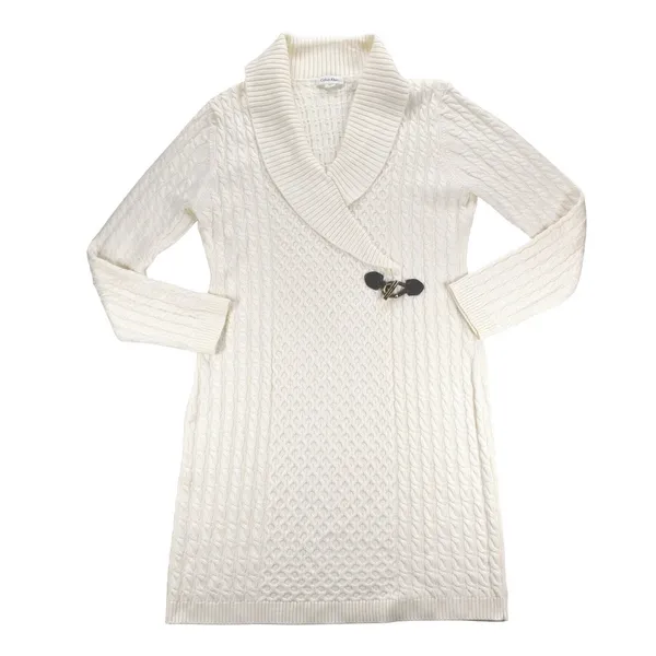 Calvin Klein Womens Cream Cable Knit Shawl Collar Toggle Sweater Dress Large - Image 3