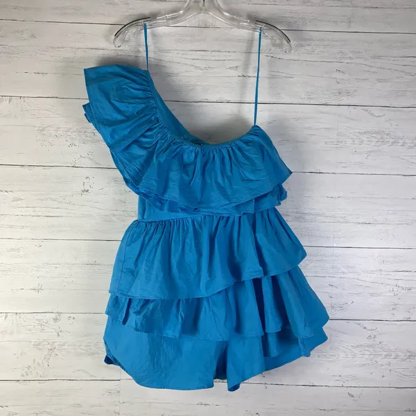 Do+Be One Shoulder Ruffle Romper In Ocean Blue Size Medium - Image 2