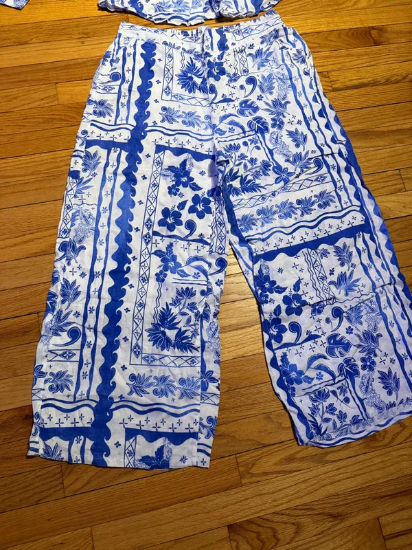 Joie Linen Matching Set Blue/White Floral Two-Piece Pantsuit Coord L/XL coastal - Image 2
