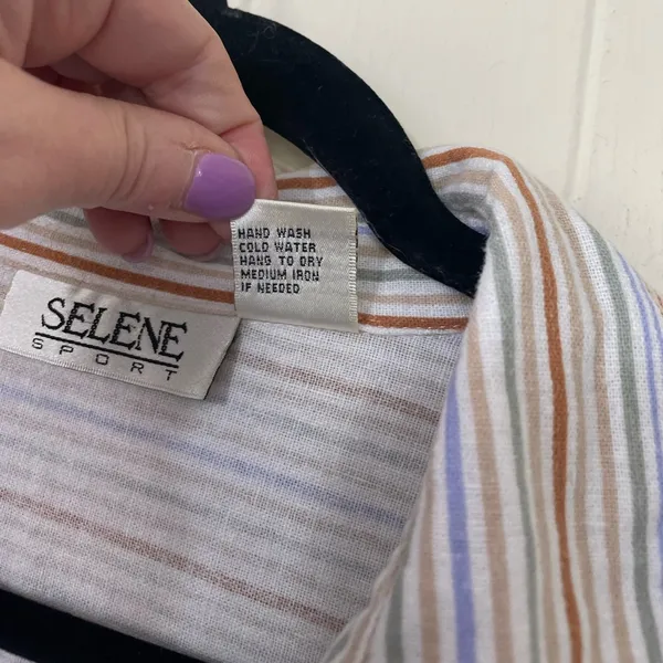 Selene Sport Vintage Linen Rayon Striped Roll Tab Sleeve Button Up Shirt ~ Sz L - Image 5