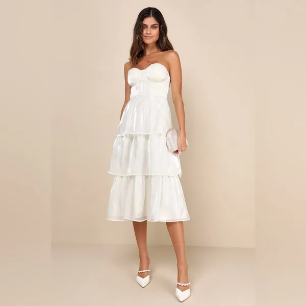 LULU’S Com-Pleat-Ly Charming Ivory Organza Tiered Strapless Midi Dress - Image 5