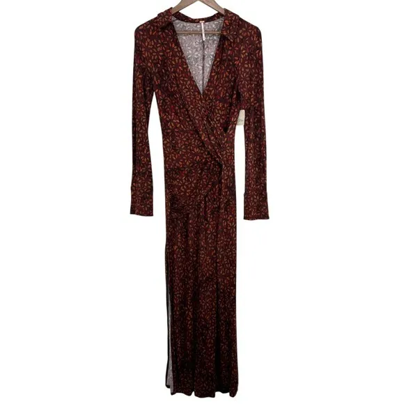 Free People Revolve Shayla Wrap Midi Dress‎ Brown Floral Long Sleeve Midi Dress - Image 2