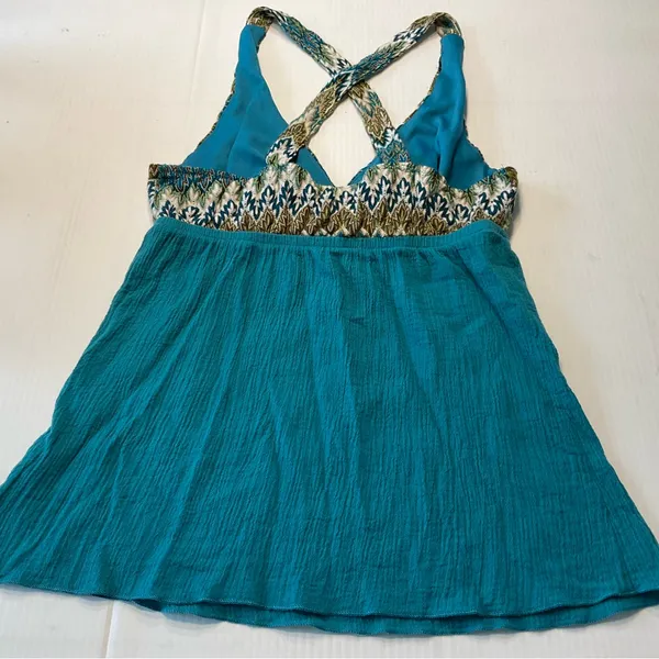 Fleurish Aqua Gauze Cotton Tank Top Y2K Boho Women Junior Sz S Crossback Straps - Image 7