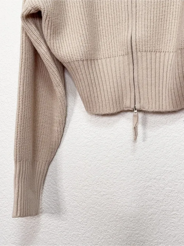 Zenana Beige Ribbed Knit Two Way Zip Up Sweater Jacket Oversized Collar Cardigan - Image 7