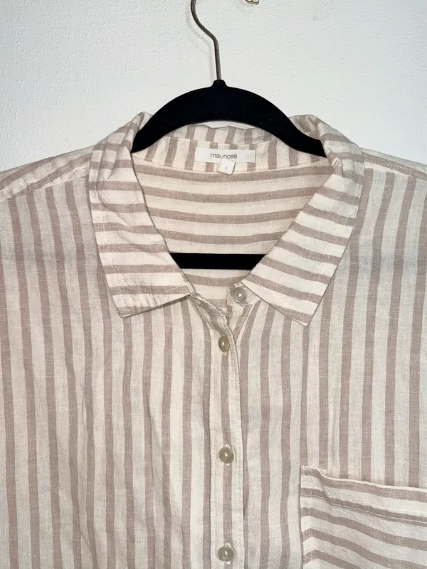 Maurices Cropped Striped Button Down Shirt Cream White Linen - Image 3
