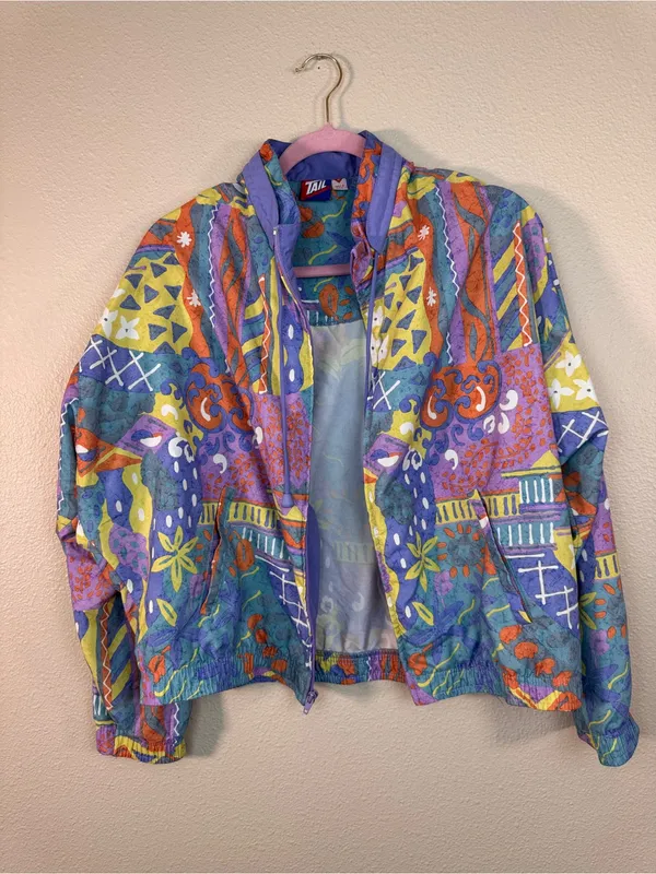Vintage Blue Pink Pastel 90s Printed Windbreaker Jacket Womens M Casual Colorful - Image 10