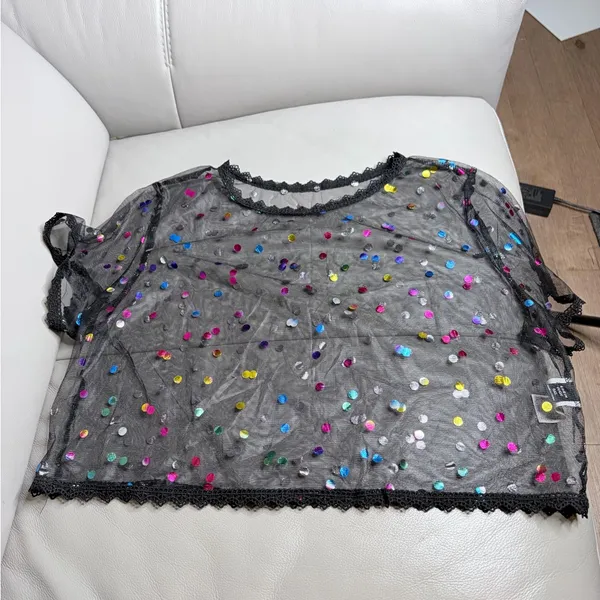 SheIn Black Mesh Boxy Sequin Top Sheer Evening Size 0XL - Image 4