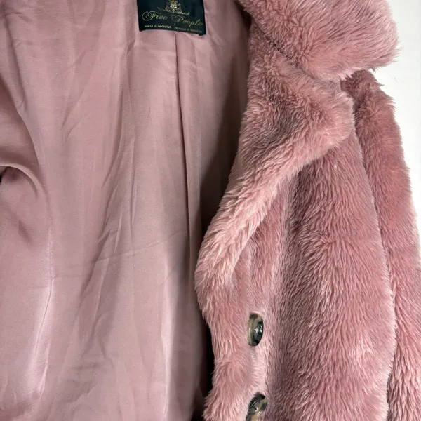 Free People Pink Faux Fur Coat Women’s Small Plush Teddy Shaggy Y2K Boho Jacket - Image 7