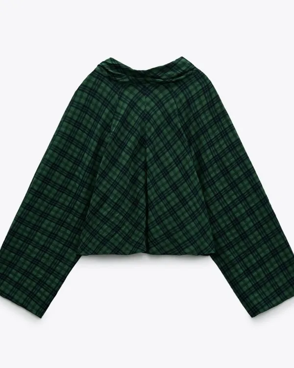 Zara Blue Green Plaid Drape Neck Blouse Shirt Top Preppy Lightweight S - Image 3