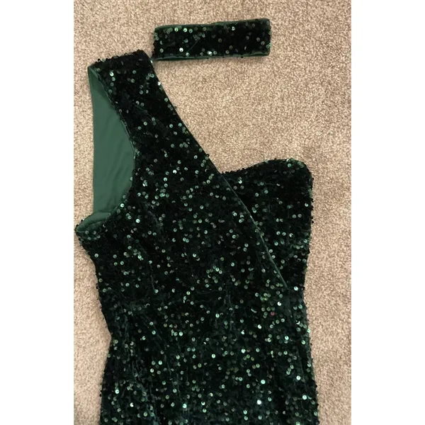 Double Crzy Emerald Green Sequin One-Shoulder Prom Formal Gown, sz S - Image 6
