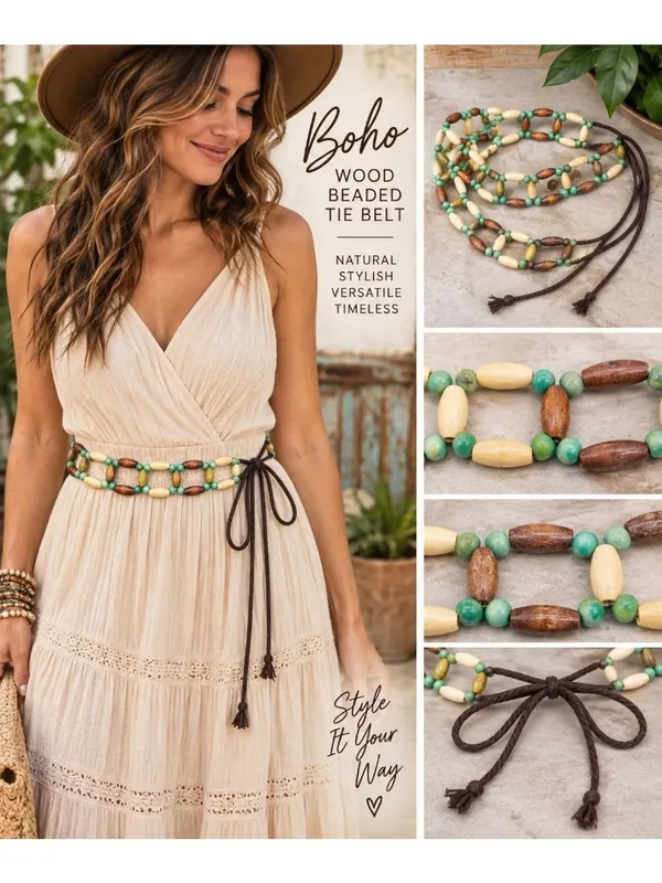Boho Wood Beaded Tie Belt Green Brown Cream Adjustable Hippie Festival - Image 2