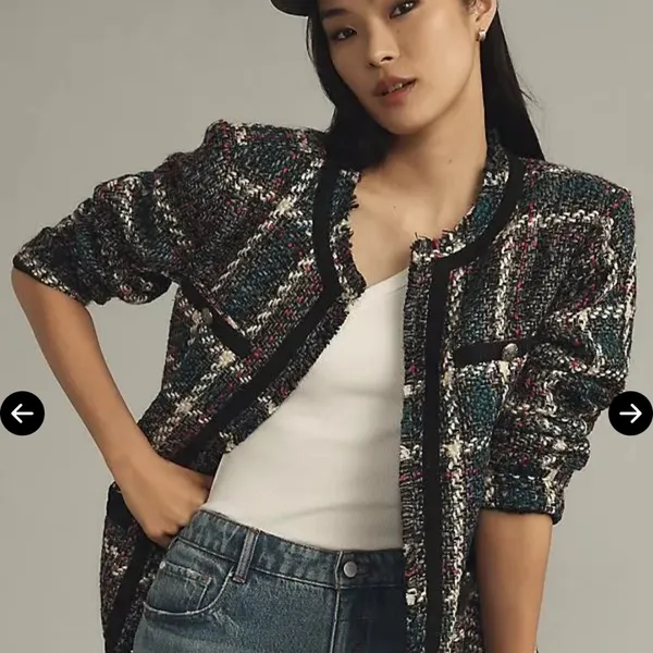 Anthropologie Plaid Bouclé Collarless Jacket in Teal, Black, White, Pink - Image 4