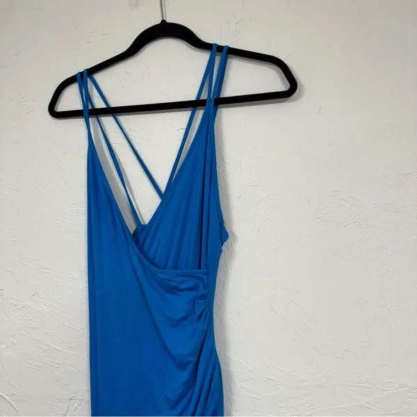 Lulus Blue High Slit Ruched Maxi Dress Women’s M Spaghetti Strap Baddie Bodycon - Image 3