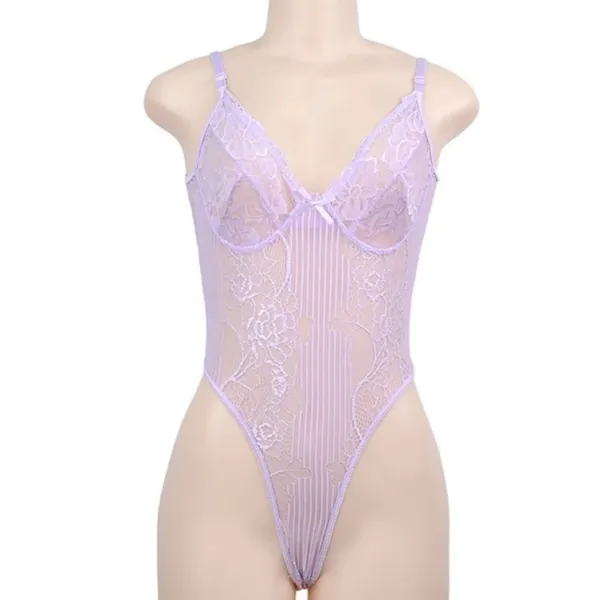 NWT Womens Floral Lace Striped Bodysuit Lavender Coquette High Cut Sheer Size M - Image 3
