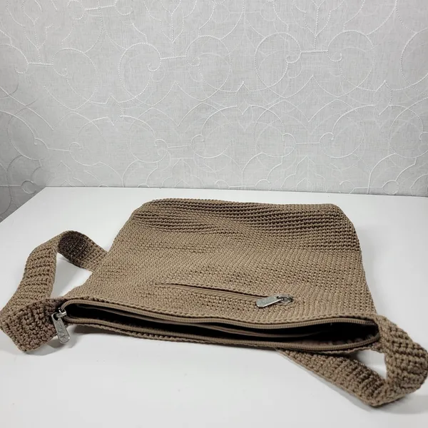 Vintage Sak Crochet Shoulder Bag 10" Dark Tan Nylon Ladies Handbag Pockets - Image 15