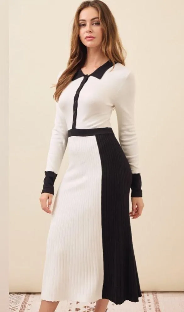 Knit Colorblock Pleated Midi Dress Black Size L - Image 3