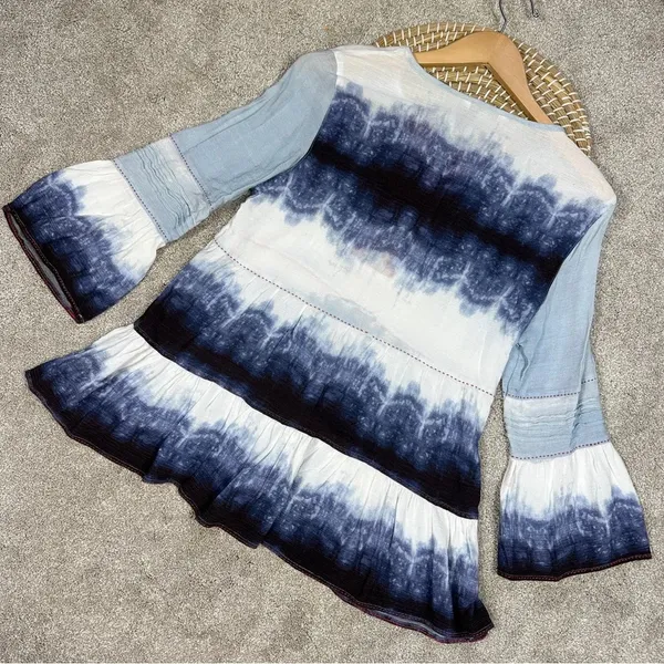 John Mark Ombre Tie Dye Tiered Blouse Tunic Peasant Tassel Artsy Bell Sleeve M - Image 8