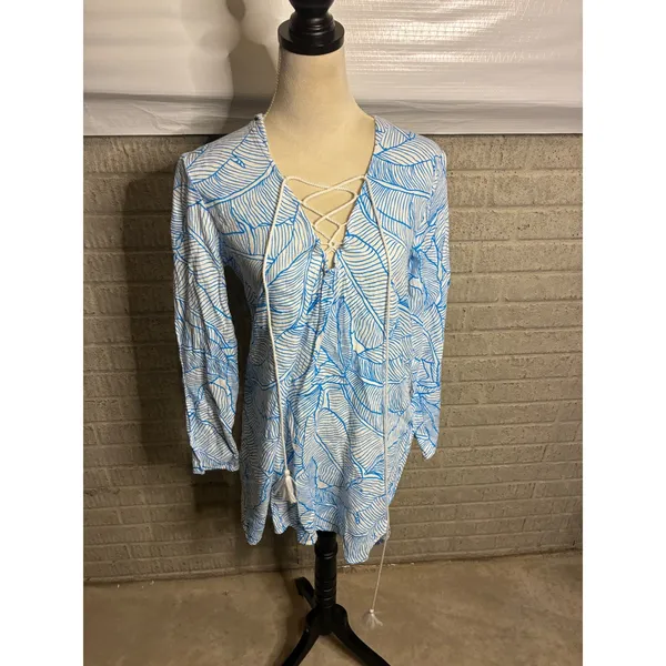 Charlie Holiday Blue White Leaf Print Lace Up Tunic Cover Up Dress XS‎ - Image 3