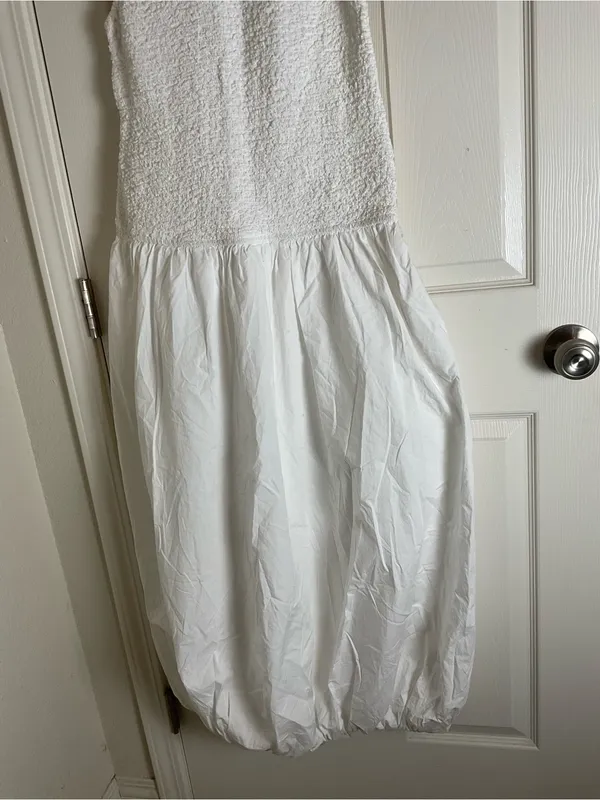 NWT Zara White Textured Poplin Bubble Hem Midi Dress Size M - Image 3