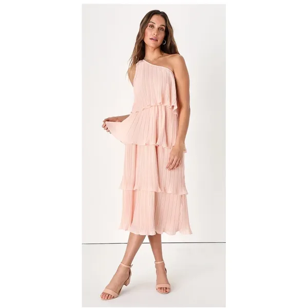 Lulus Blush‎ Pink One Shoulder Midi Tiered Dress Summer Wedding Vacation Medium - Image 10