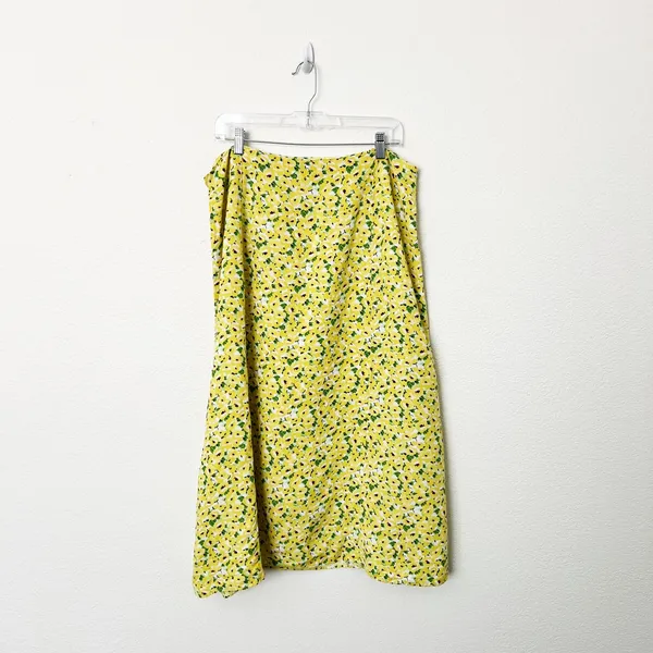 [LOFT] Yellow Floral Print Linen Blend High Waist Side Slit Midi Skirt Size 14 - Image 3