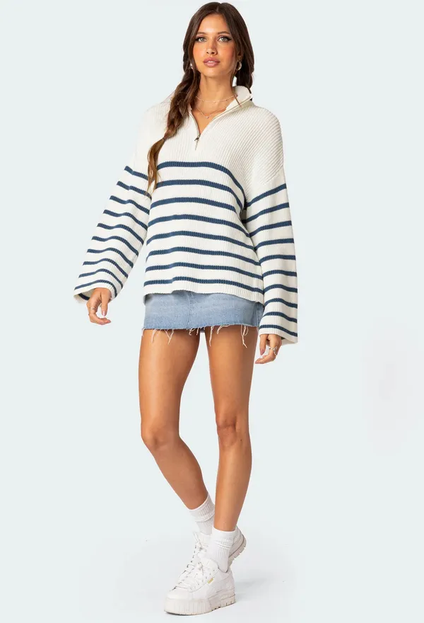 Edikted White Quarter-Zip Blue Striped  - Image 5