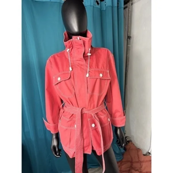 American Living Red Utility Jacket Belted Cotton XL White Stitching‎ Full Zip - Image 2