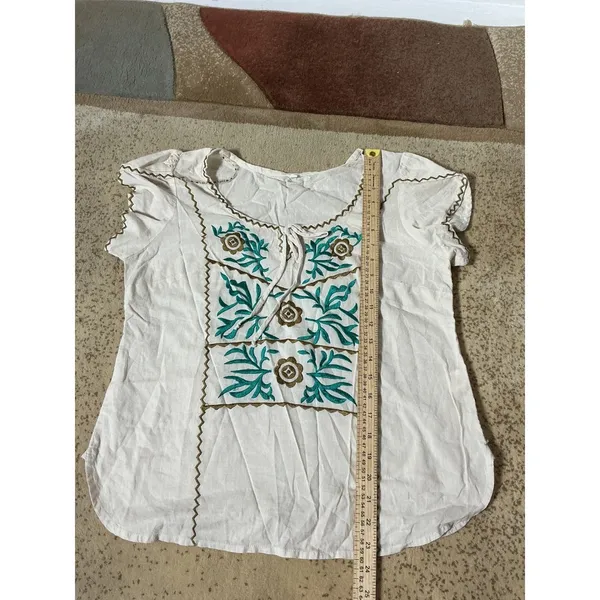 Willow & Clay Embroidered Bohemian Top Short Sleeve Blouse Cream Green Size M‎ - Image 7