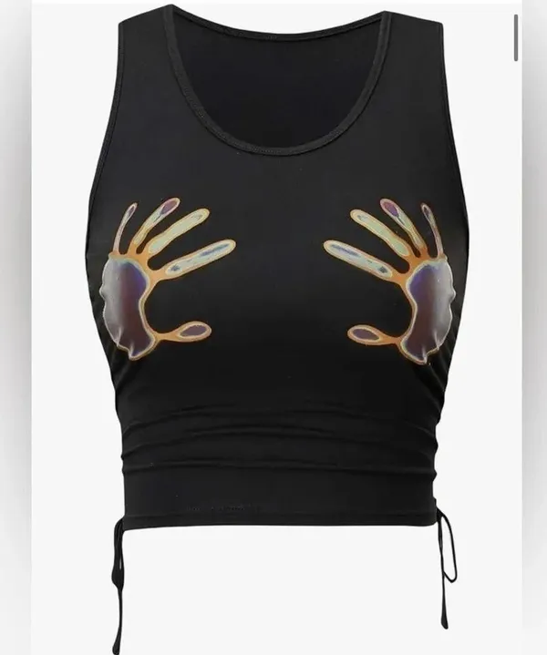 Shein Graphic Handprint Sleeveless Drawstring Ruched crop tank, size small. - Image 4