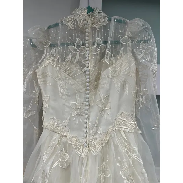 Vintage 80s‎ Victorian Revival Wedding Dress Ivory High Neck Sheer Lace Illusion - Image 12