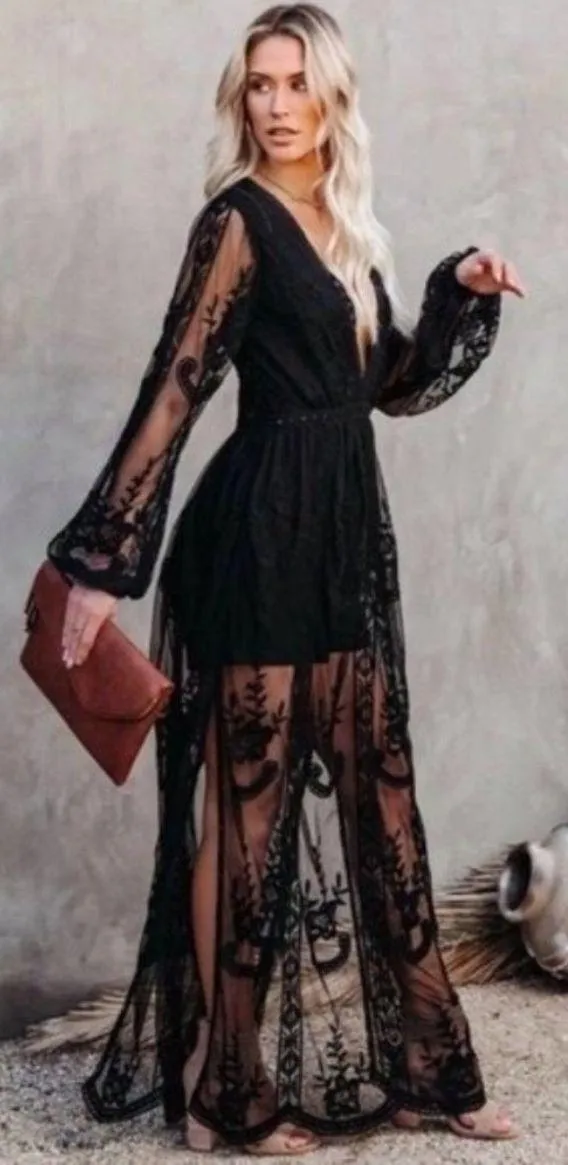 Boutique NEW Black Lace V-neck Long Sleeve Boho Maxi Dress - Image 4
