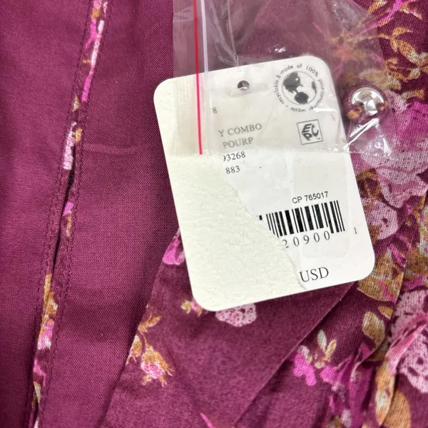 Free People Dress Womens Small Purple Floral Smocked Fit Flare Mini Long Sleeve‎ - Image 5