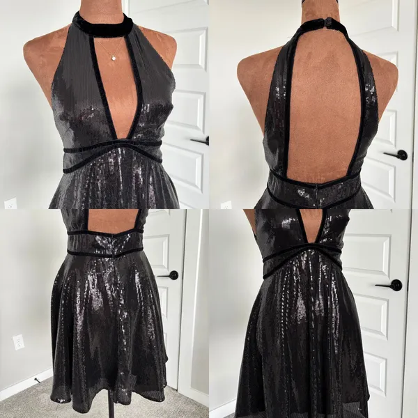 Free‎ People Film Noir Black Sequin Halter Mini Dress Velvet Trim Open Back US 2 - Image 2