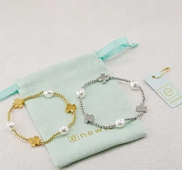 Enewton Cross Pearl Stretch Bracelet Set Gold Silver Beaded Stackable Wrist Jewelry Brand Pouch Hang Tag Included - Image 4