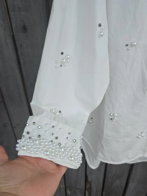 Maeve Embellished White Button-Up Shirt - Elegant Pearl Detail Size S - Image 4