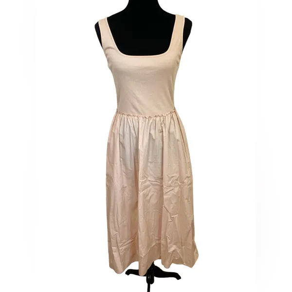 Tan Square neck sleeveless stretch knit bodice poplin skirt midi dress - Image 2