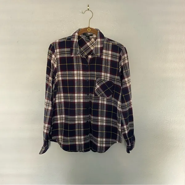 Women’s Plaid Flannel Shirt Button Up Navy & Mustard - Image 2