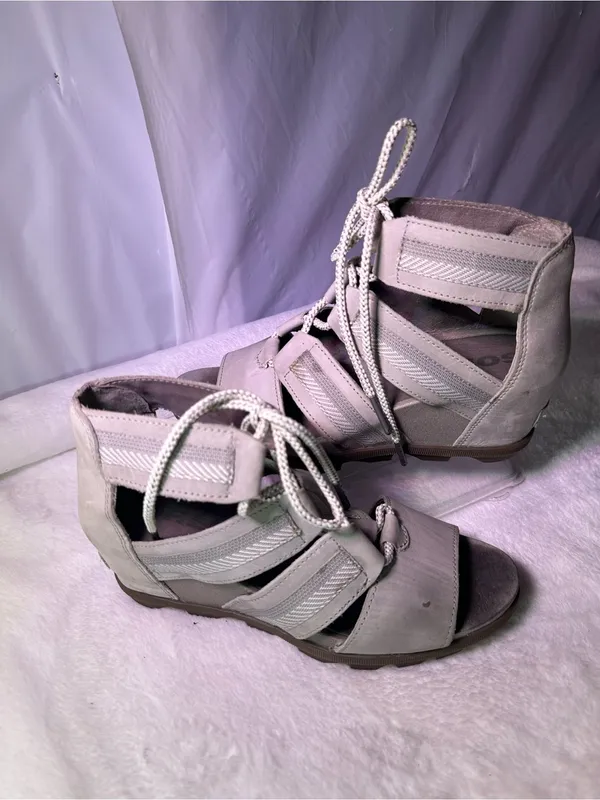 Sorel Beige Lace-Up Wedge Sandals - Image 4