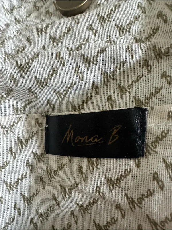 Mono B Black Canvas Tote with Brown Handles and Patterned Front Pockets - Image 6