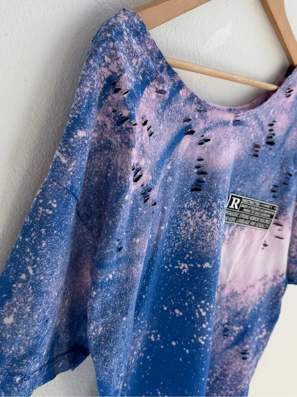 Custom "Rated R" Patch Distressed Bleach Tee Blue Size L - Image 4