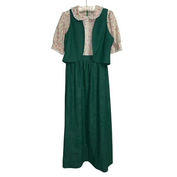 Vintage Cottagecore Prairie Floral Maxi Dress Matching Vest Retro Teacher Indie - Image 2