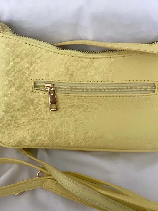 Yellow Solid Shoulder Bag Zip Closure Gold Hardware w/ Detachable Strap - Image 3