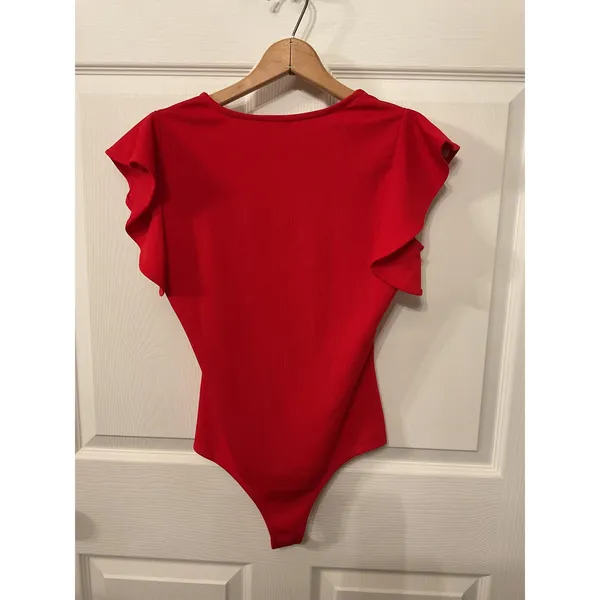 TCEC Women's Red Flutter Sleeve Bodysuit V Neck Romantic Feminine Top, M - Image 6