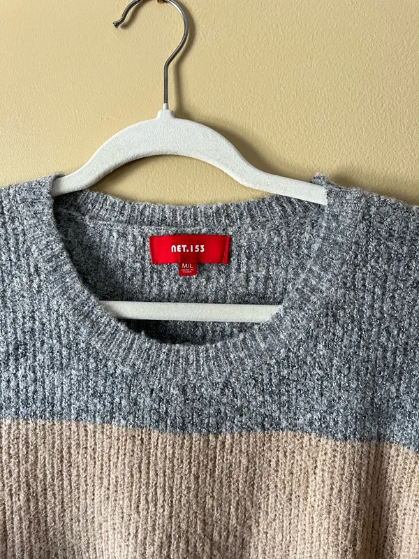 Sweater Mini Dress in Gray, Cream & Tan Stripes - Image 2
