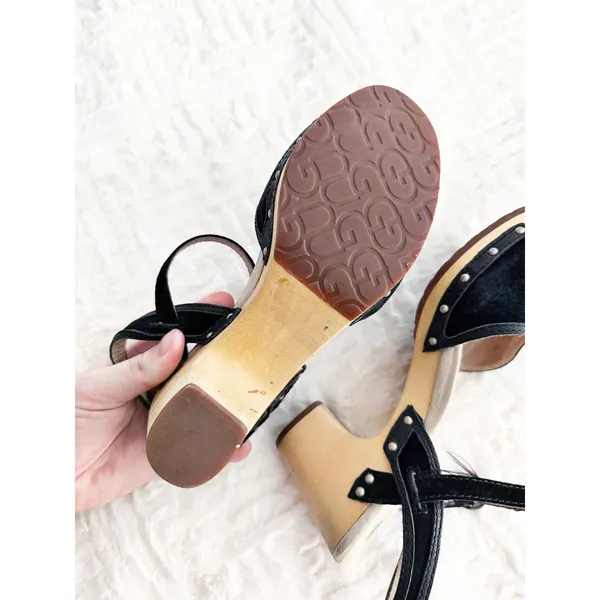 UGG Olania Black Suede Wooden Clog Platform Heeled Sandals Studded Boho Indie - Image 9