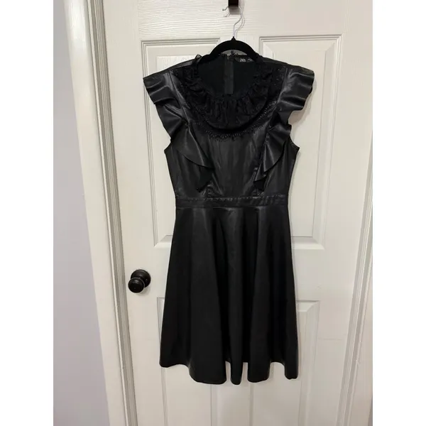 Zara Black‎ Faux Leather Lace Trim Ruffle Midi Dress Sleeveless Small - Image 2