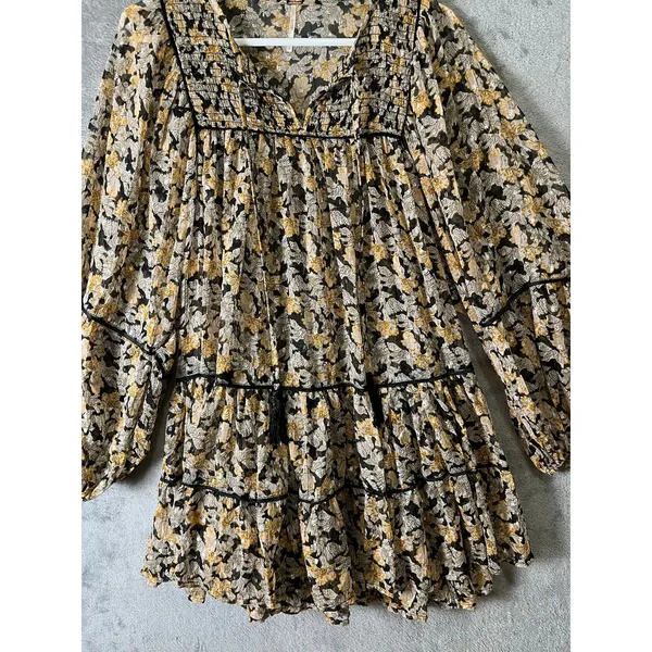 Free People‎ Free Swinging Floral Mini Dress Boho Peasant Tiered Ruffle Small - Image 2
